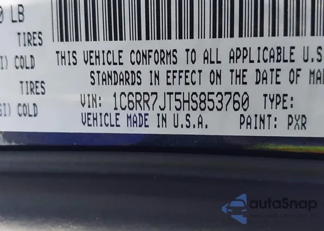 2017 Ram 1500 Laramie 4X4 6'4 Box из США, поврежденный, VIN 1C6RR7JT5HS853760